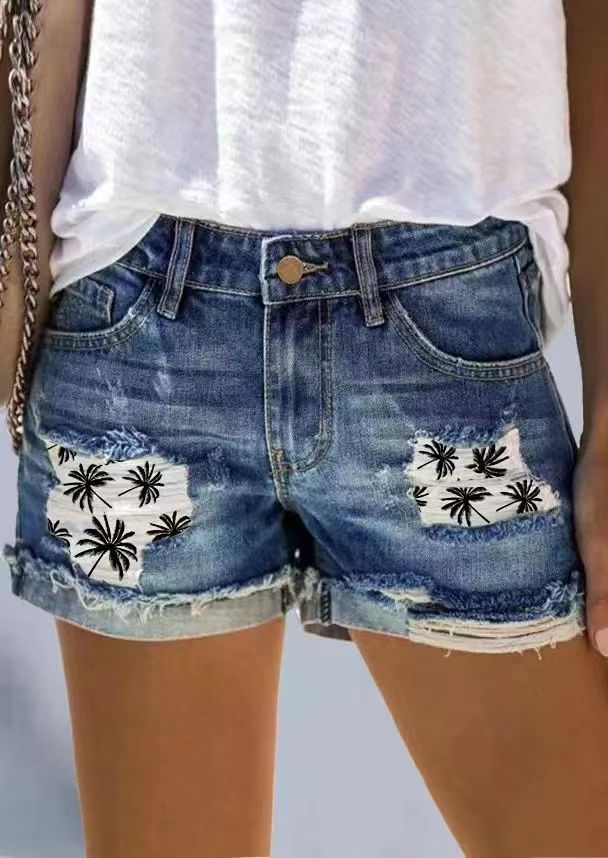 High Waist Ripped Denim Shorts with Patch Print