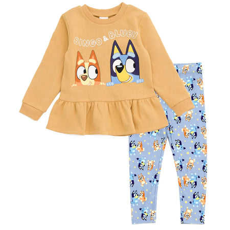 (Available in size 3T only) Bluey Bingo Toddler Girls Peplum Sweatshirt and Leggings Outfit Set Orange/Blue Bingo/Bluey 5T
