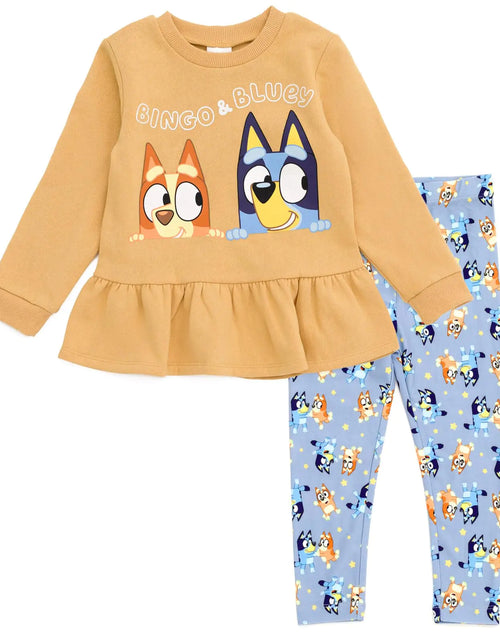 Load image into Gallery viewer, (Available in size 3T only) Bluey Bingo Toddler Girls Peplum Sweatshirt and Leggings Outfit Set Orange/Blue Bingo/Bluey 5T
