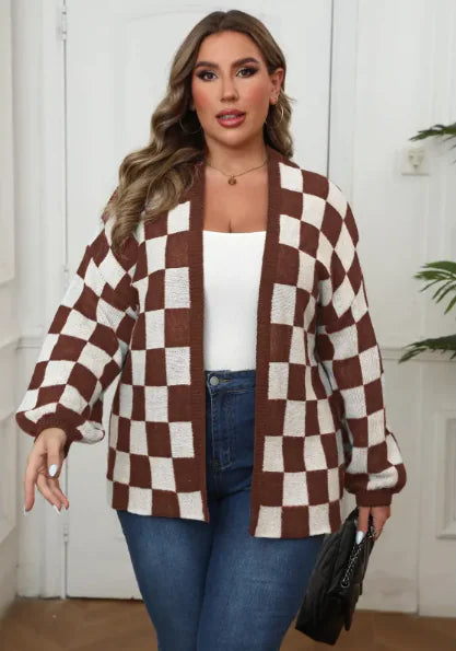 Load image into Gallery viewer, Contrast Patchwork Chessboard Plaid Loose Casual Sweater Coat
