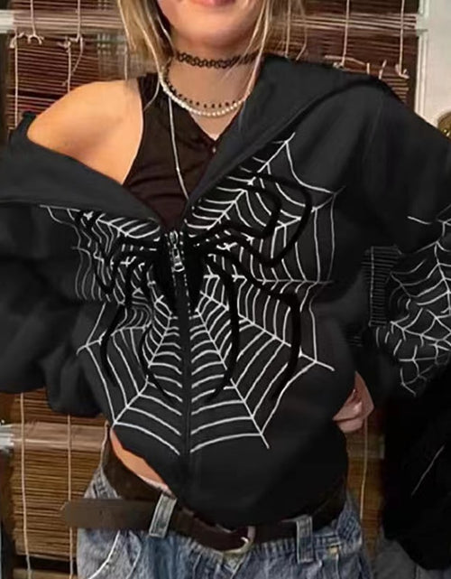 Load image into Gallery viewer, Autumn Winter Spider Web Printed Full Zip Hoodie

