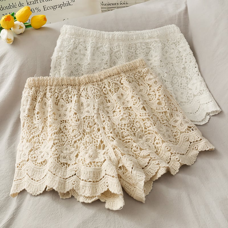 High Waist Hollow Lace Shorts for Women