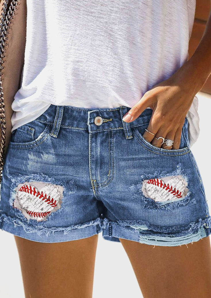 High Waist Ripped Denim Shorts with Patch Print