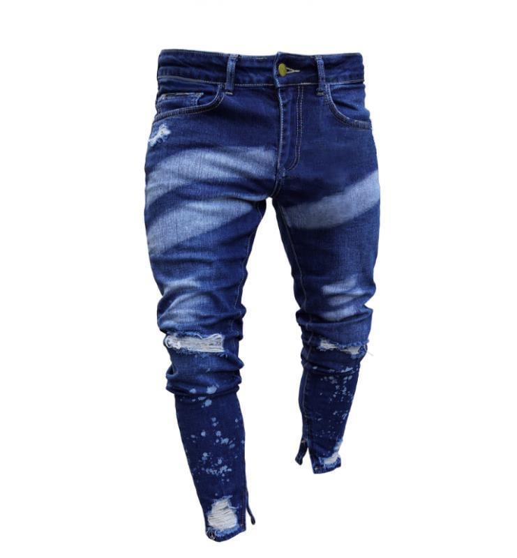Painted Ripped Denim Pants with Zipper Detail