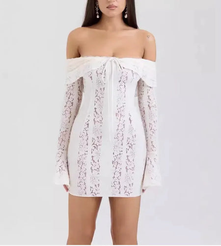 Elegant Off-Shoulder Lace Dress with Long Sleeves