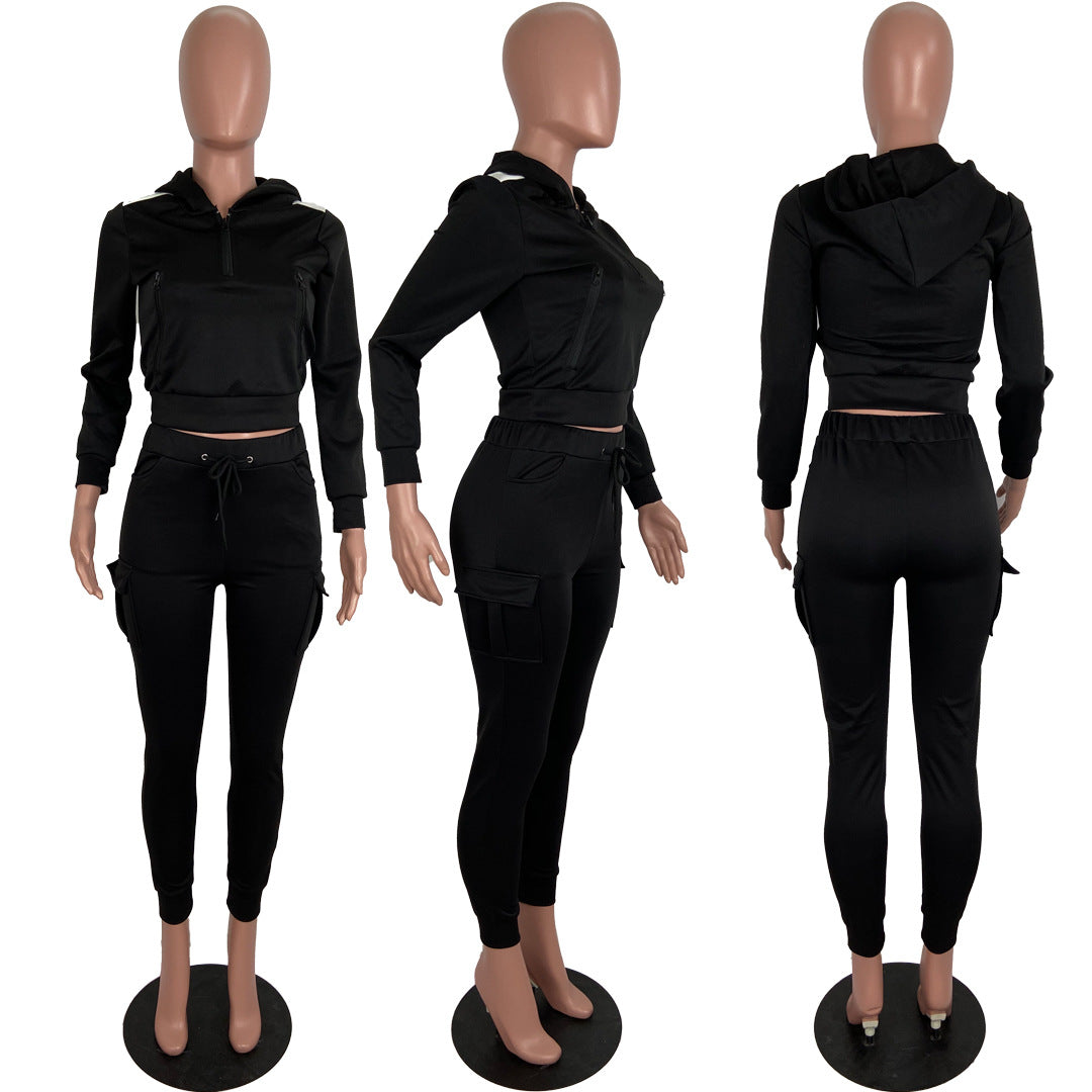 Autumn Winter Women's Color Block Hoodie Set