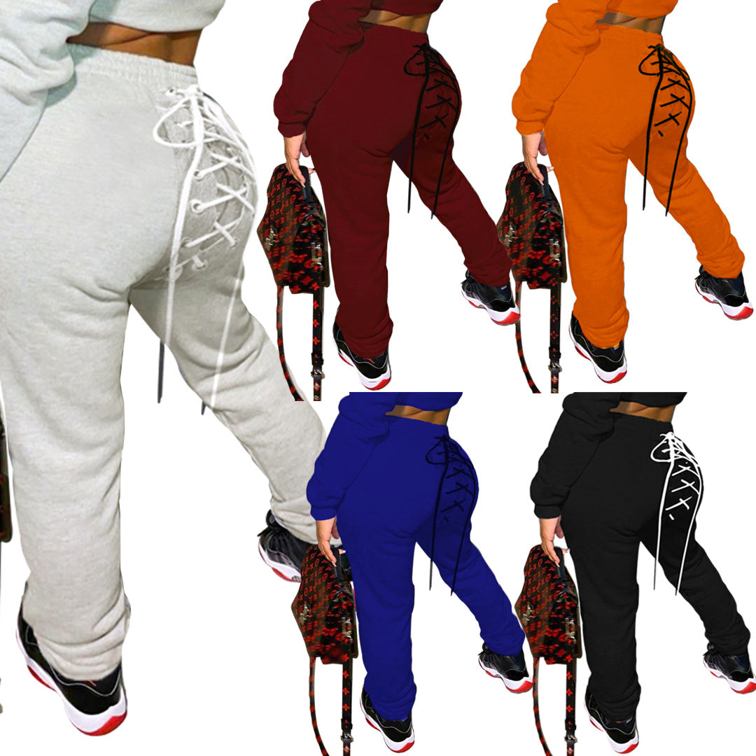 Solid Color Casual Eyelet Sweater and Sweatpants Set