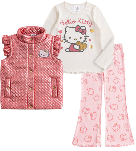 Hello Kitty Sanrio Girls 3 Piece Long Sleeve Shirt Quilted Vest and Flared Pants Set for Big Kids