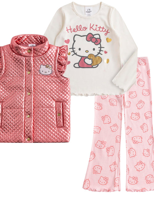 Load image into Gallery viewer, Hello Kitty Sanrio Girls 3 Piece Long Sleeve Shirt Quilted Vest and Flared Pants Set for Big Kids
