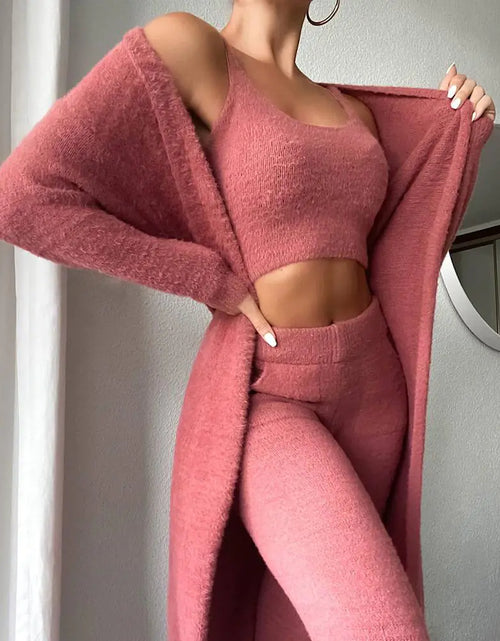 Load image into Gallery viewer, 3 Pcs Womens Clothing Fashion Solid Fluffy Plain Crop Top &amp; Skinny Pants &amp; Longline Coat Set Warm Cozy Suit Sets
