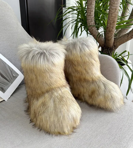 Raccoon Fur Plush Snow Boots