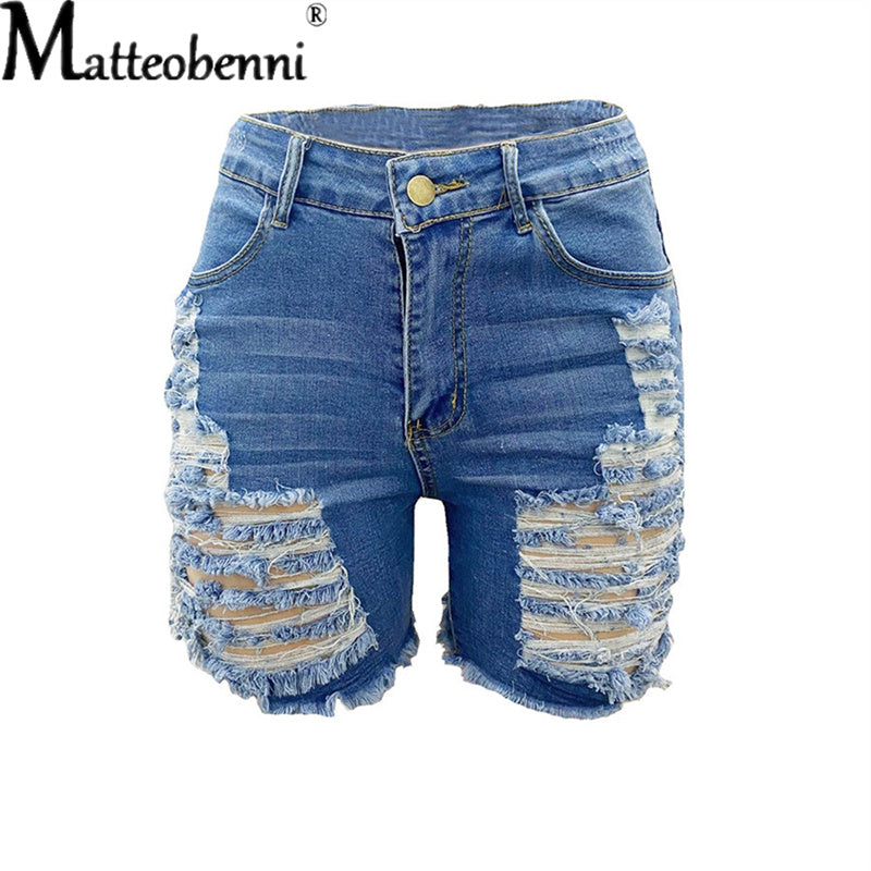 High Waist Cut Hollow Denim Shorts for Summer