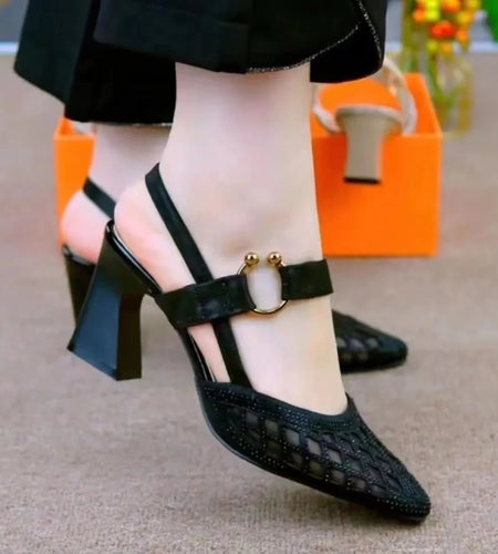 Pointed Straight Button Sandals, Women's High Heels Mesh Rhinestones