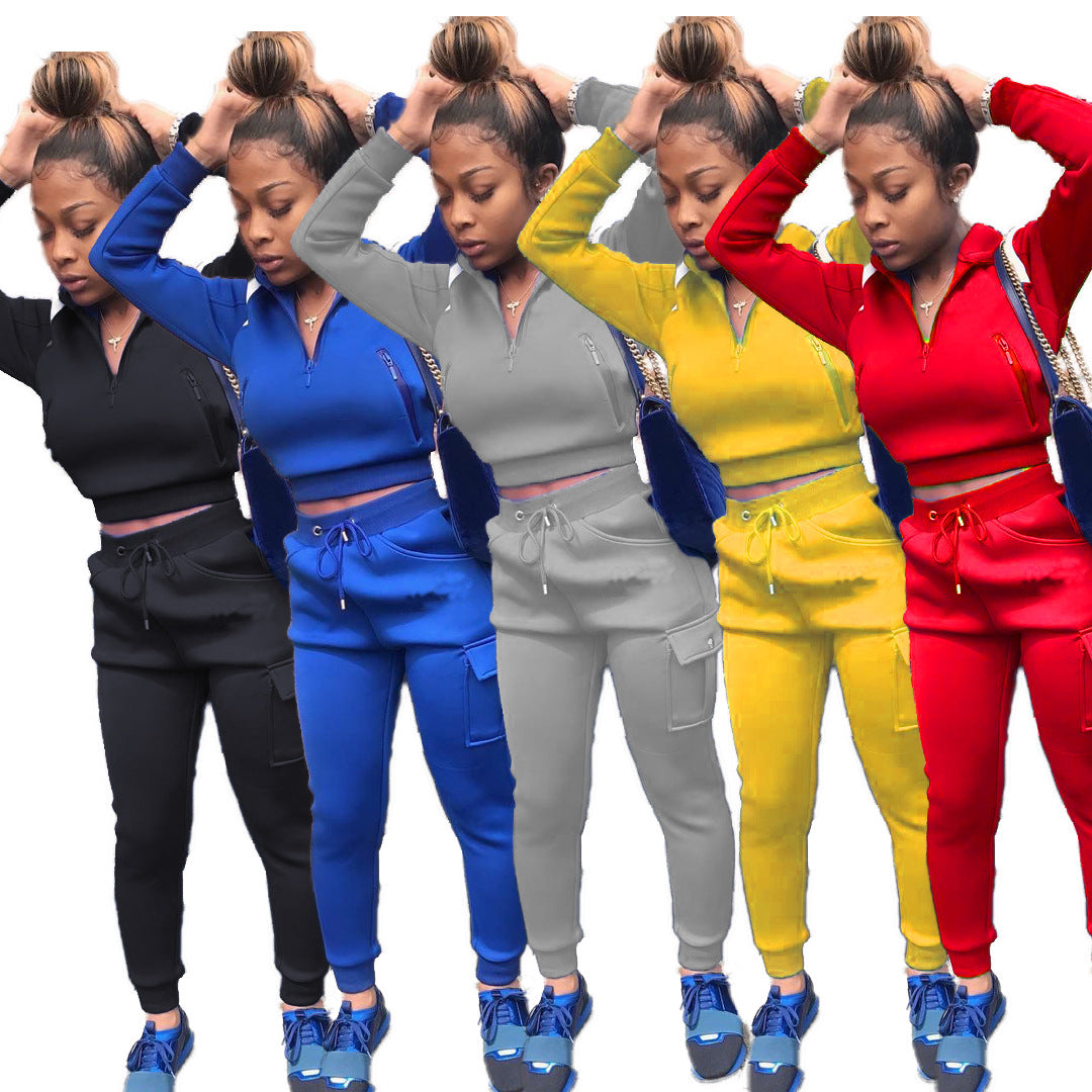 Autumn Winter Women's Color Block Hoodie Set