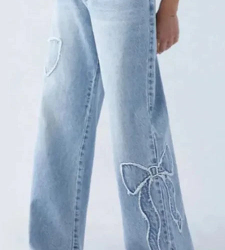 Women's Straight Trousers Embroidered Side Frayed Butterfly Jeans Street Design Hot Girl Baggy Pants