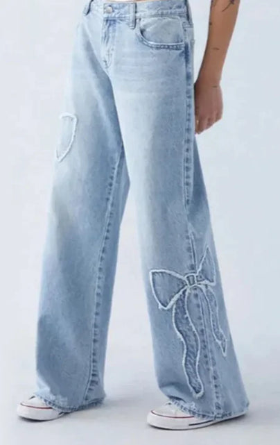 Load image into Gallery viewer, Women's Straight Trousers Embroidered Side Frayed Butterfly Jeans Street Design Hot Girl Baggy Pants
