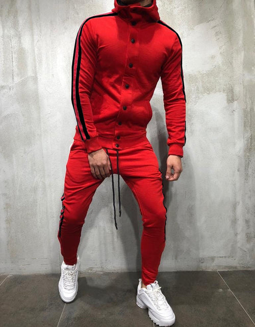 Load image into Gallery viewer, Men's Fashion Hoodie Button Cardigan with Color Block Set
