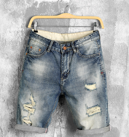 Men's High-Waisted Ripped Cotton Denim Shorts