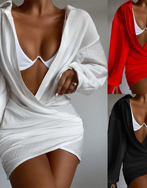 Load image into Gallery viewer, Deep V-neck Solid Color Long Sleeve Mini Dress

