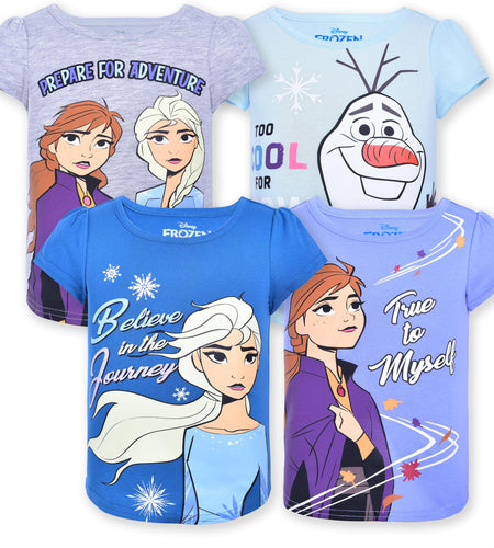 Disney Frozen Girls 4 Pack Short Sleeve T-Shirt for Toddler and Big Kids Purple