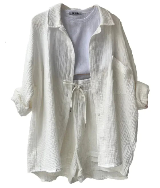 Women's Wrinkled Fabric Shirt & Shorts Set