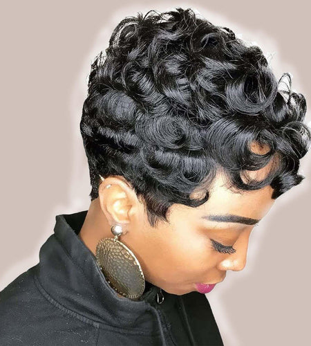 Short Pixie Cut Wigs Human Hair Short Human Hair Wigs For Black Women Glueless Wigs Pre Plucked Short Curly wigs With Bangs For Daily Use Natural Black 1B Color