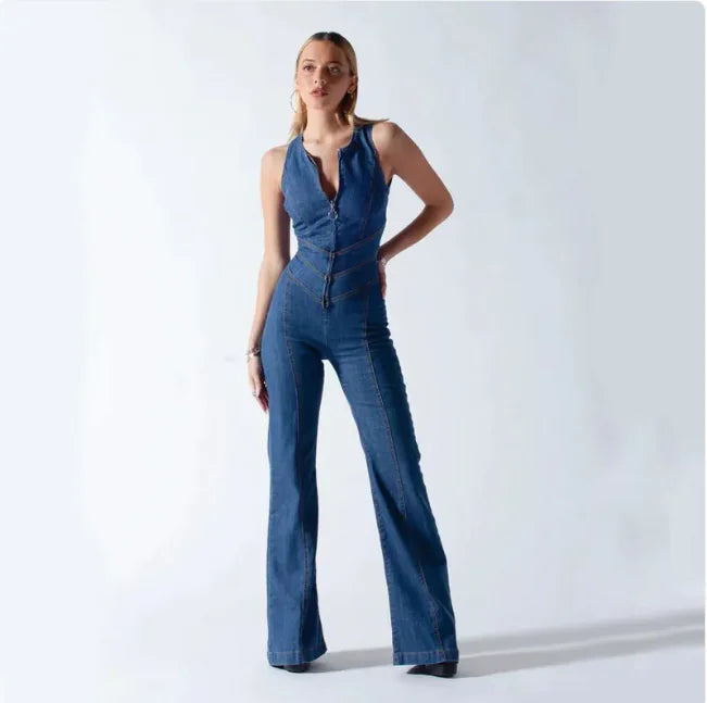 High-Waist Retro Slim Denim Jumpsuit