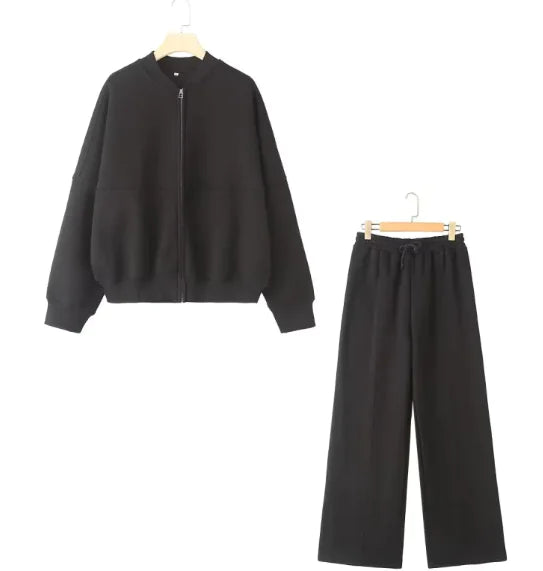 Zipper Bomber Jacket & High Waist Flannel Pants Set