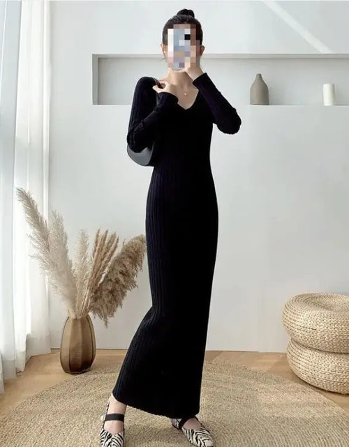 Load image into Gallery viewer, V-neck Knitted Dress Women&#39;s Slim Bottoming Shirt
