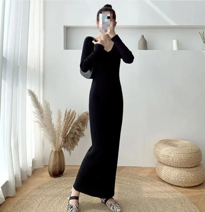 V-neck Knitted Dress Women's Slim Bottoming Shirt