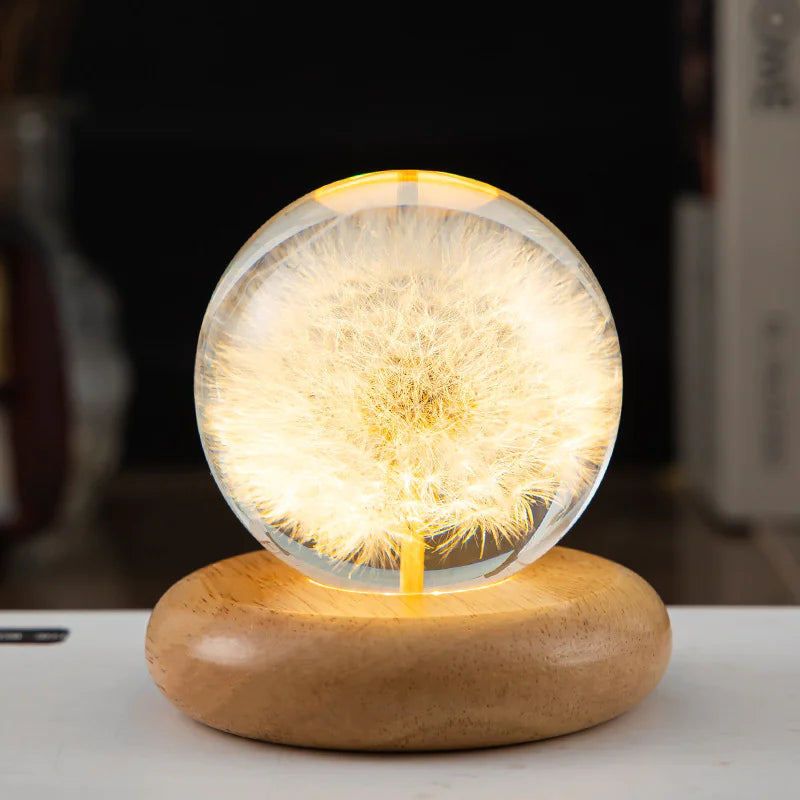 LED Flower Crystal Ball Night Light with Wooden Base