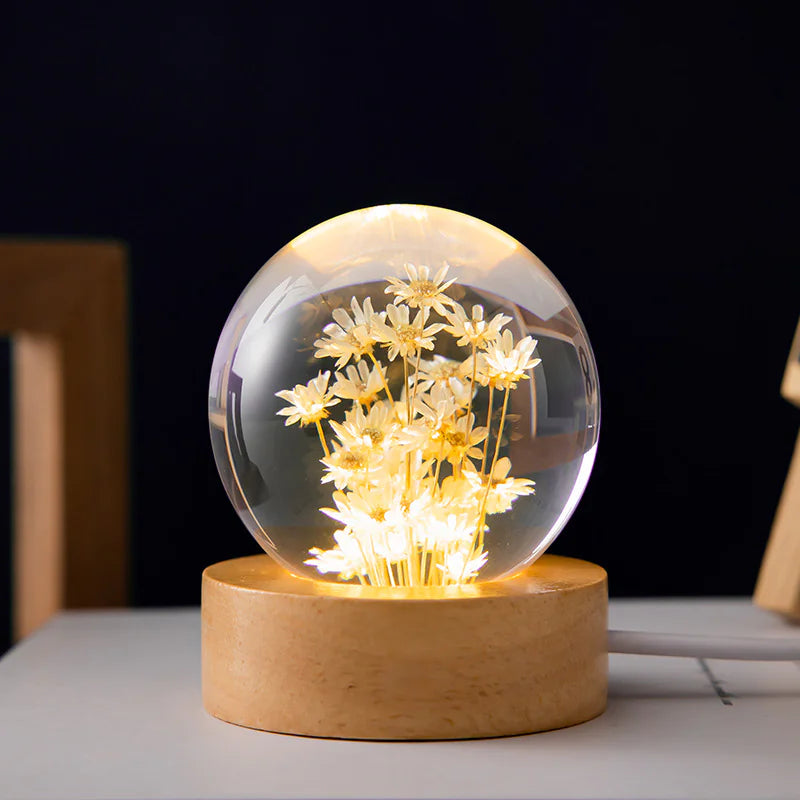 LED Flower Crystal Ball Night Light with Wooden Base