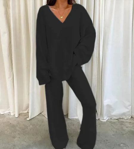 Solid Color V-Neck Warmer Two-Piece Set