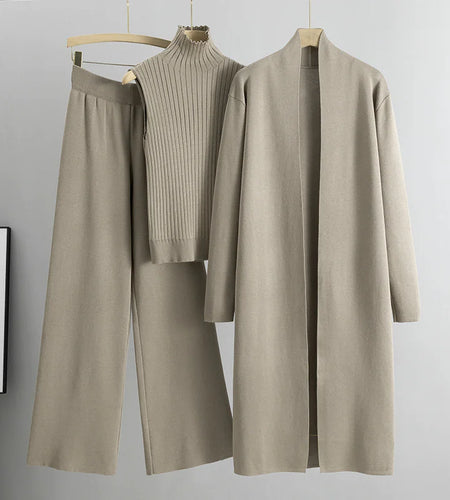 Women's 3-Piece Knit Set: Sleeveless Vest, Long Cardigan, and Wide-Leg Pants