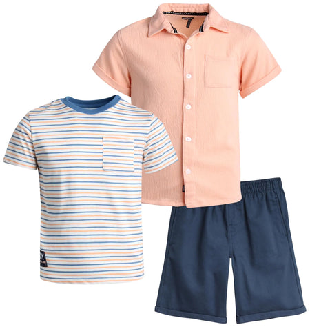 DKNY Boys Short Set - 3 Piece Short Sleeve Button Down T-Shirt and Shorts - Summer Clothing Set for Toddler Boys Size 4 Peach Nectar