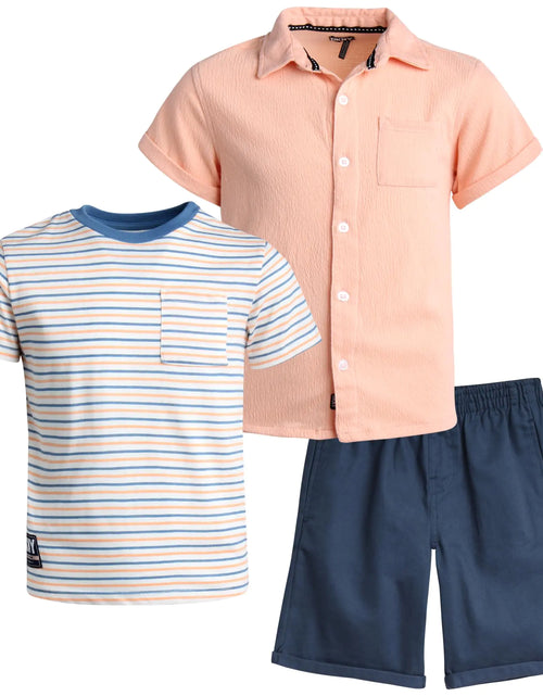 Load image into Gallery viewer, DKNY Boys Short Set - 3 Piece Short Sleeve Button Down T-Shirt and Shorts - Summer Clothing Set for Toddler Boys Size 4 Peach Nectar
