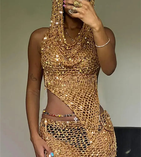 Summer Knit Hollow Outfits Sleeveless Club Set