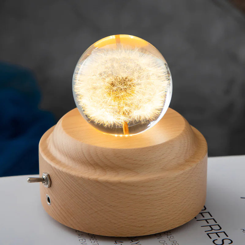 LED Flower Crystal Ball Night Light with Wooden Base