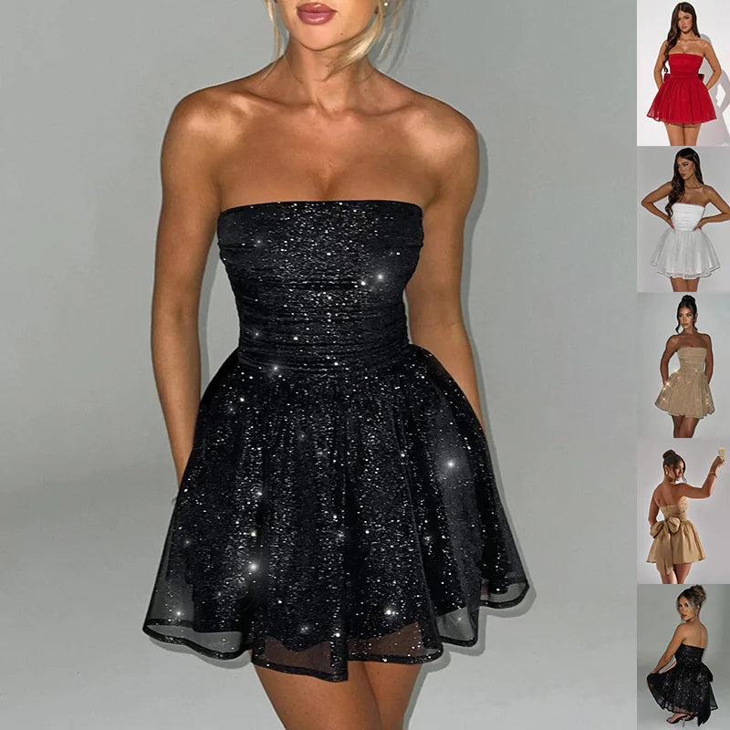 Shimmering Off Shoulder Short Lace Dress with Back Bow