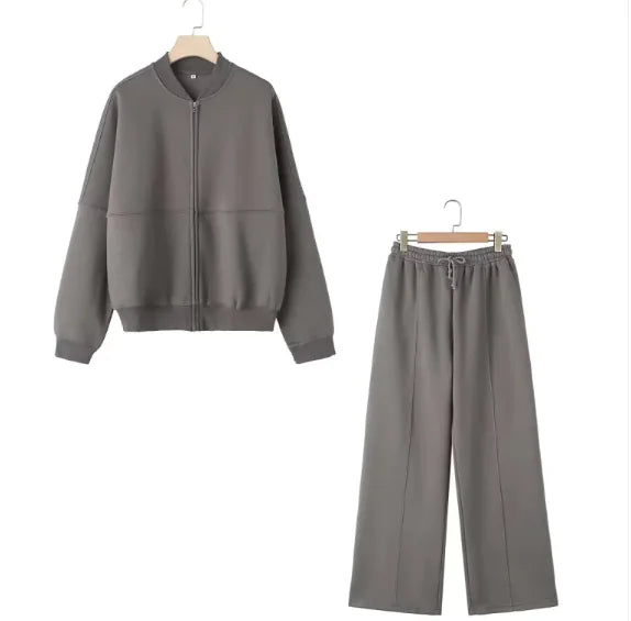 Zipper Bomber Jacket & High Waist Flannel Pants Set