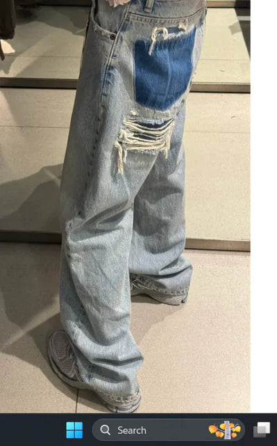 Load image into Gallery viewer, Light Blue Low Waist American Straight Ripped Pants
