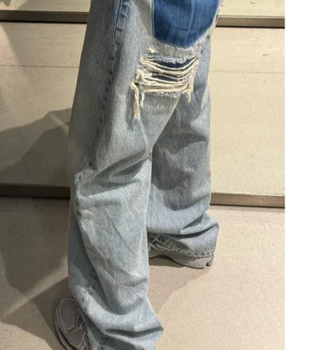 Light Blue Low Waist American Straight Ripped Pants