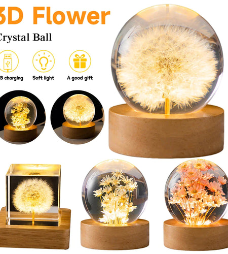 LED Flower Crystal Ball Night Light with Wooden Base