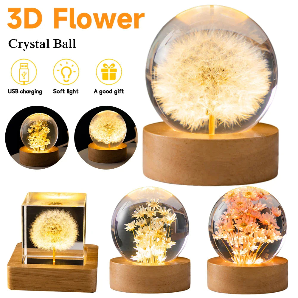 LED Flower Crystal Ball Night Light with Wooden Base