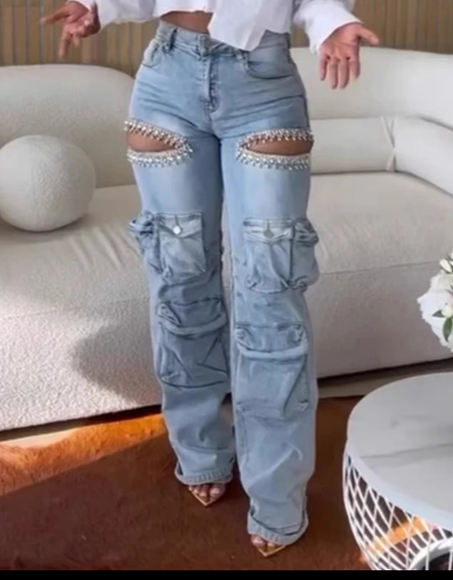 Load image into Gallery viewer, (Free Shipping)(Tariffs included in price) Ladies Wide Leg High Waist Washed Spliced Butterfly Bow Jeans
