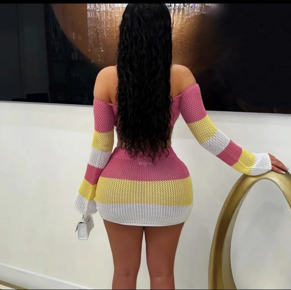 (Free Shipping)(Tariffs included in price) Sexy Summer Knit Patchwork Long Sleeve Crop Top Mini Skirts Club 2 Piece Sets