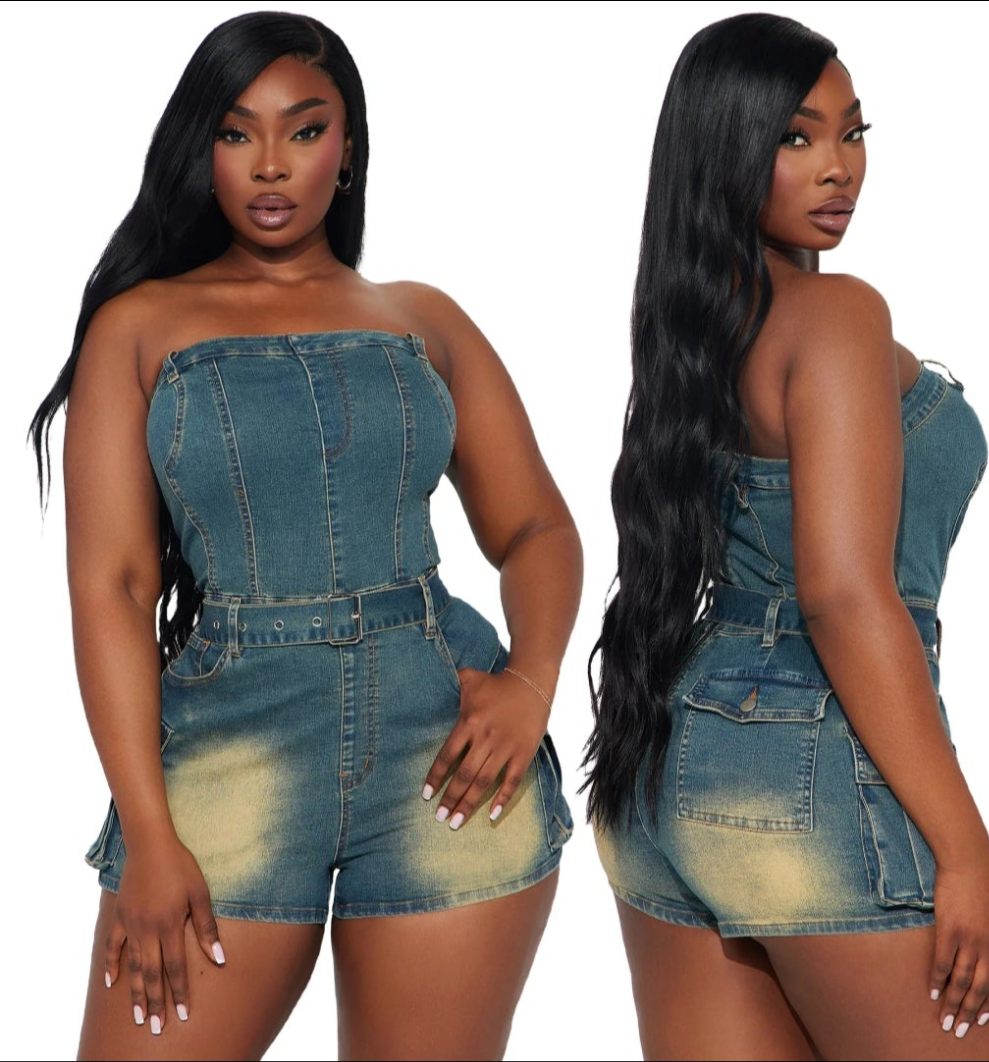 (Free Shipping)(Tariffs included in price) Retro Fashion Denim Bodycon Jumpsuit Women Sleeveless Backless Elasticity Washed Romper Female Overalls