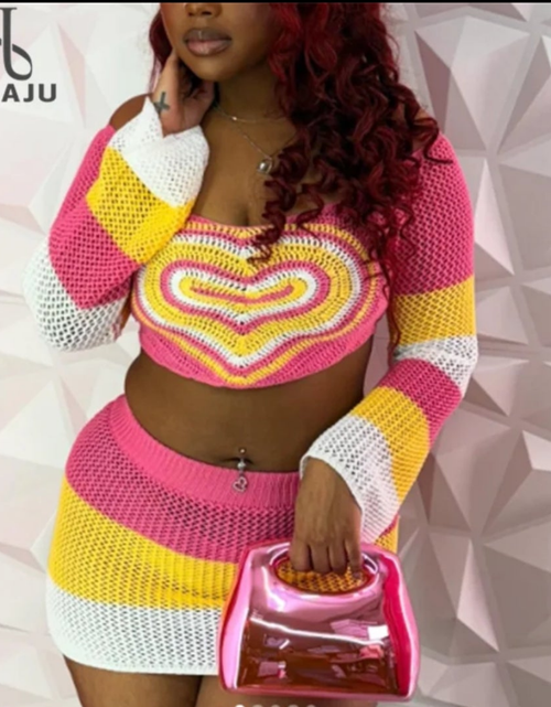 Load image into Gallery viewer, (Free Shipping)(Tariffs included in price) Sexy Summer Knit Patchwork Long Sleeve Crop Top Mini Skirts Club 2 Piece Sets
