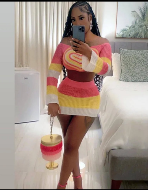 Load image into Gallery viewer, (Free Shipping)(Tariffs included in price) Sexy Summer Knit Patchwork Long Sleeve Crop Top Mini Skirts Club 2 Piece Sets
