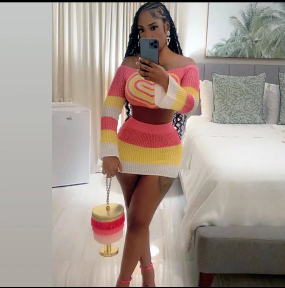 (Free Shipping)(Tariffs included in price) Sexy Summer Knit Patchwork Long Sleeve Crop Top Mini Skirts Club 2 Piece Sets